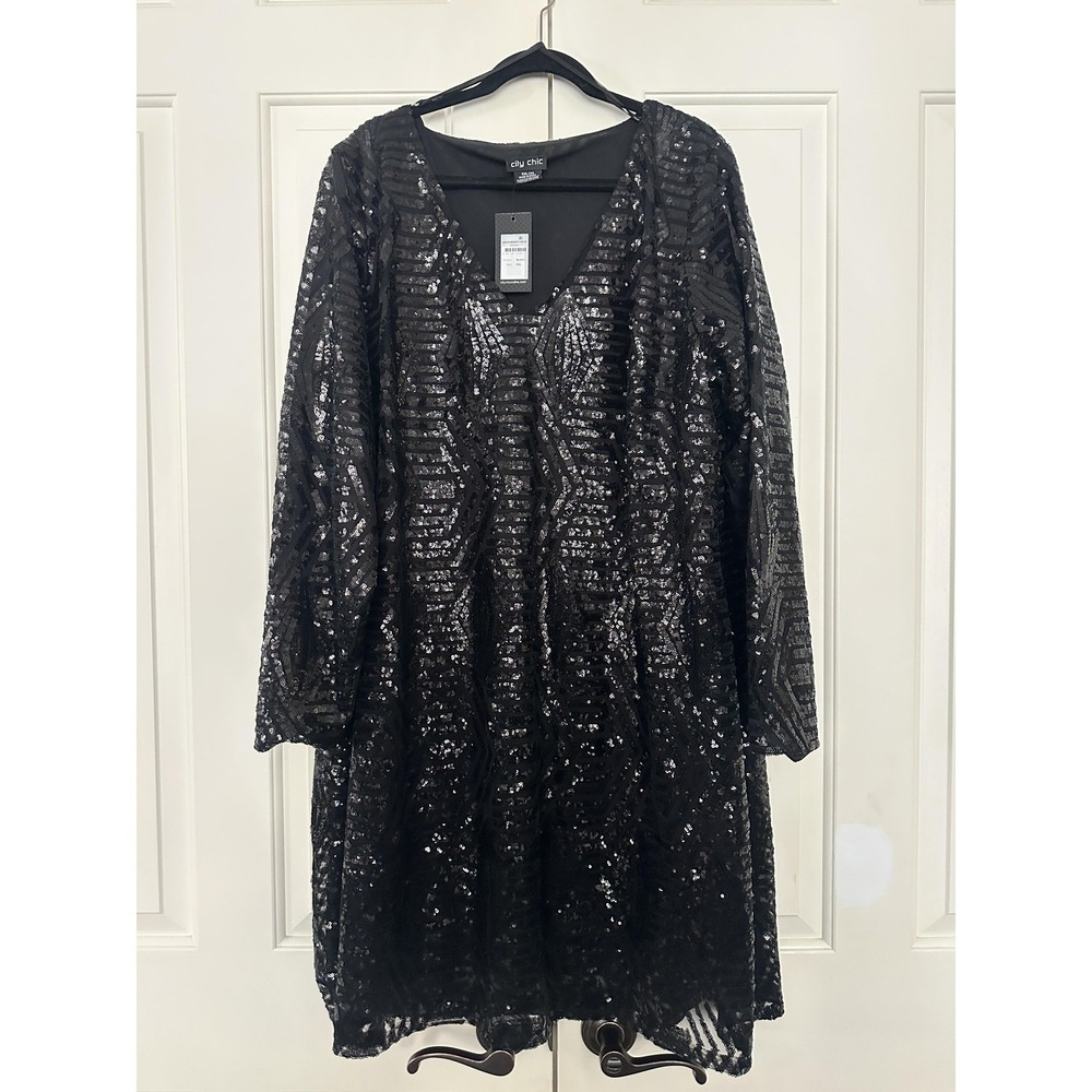 City Chic Bright Lights Dress Womens 24 Black Sequin V Neck Long Sleeve Party